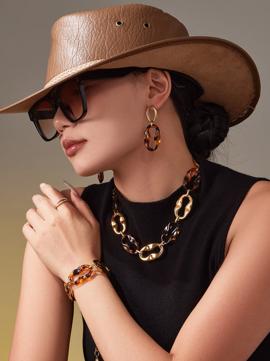 Geometric Resin Jewelry Set – Stainless Steel Necklace Bracelet Earrings | Chic Fashion Statement Set for Women