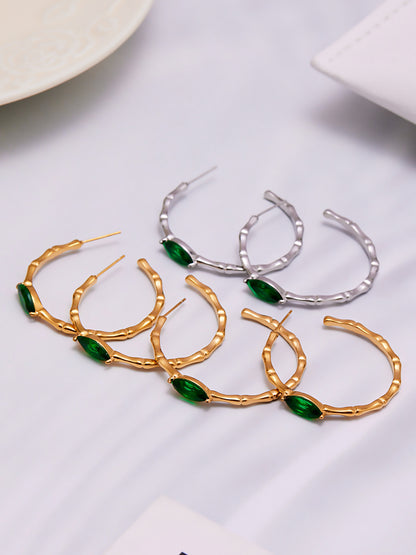 Geometric Bamboo C-Shaped Hoop Earrings with Glass Stone | Minimalist Stainless Steel Jewelry