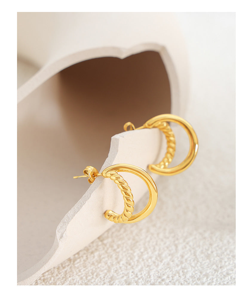 Double Layer C-Shaped Stainless Steel Hoop Earrings – Minimalist Thick Chunky Huggie Hoops for Women, Trendy Daily Jewelry