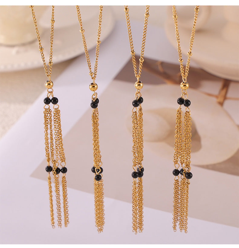 Vintage Black Onyx Tassel Jewelry Set – Stainless Steel Necklace & Earrings | Retro Elegant Fashion Jewelry | Hypoallergenic Gift Set