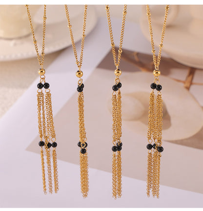 Vintage Black Onyx Tassel Jewelry Set – Stainless Steel Necklace & Earrings | Retro Elegant Fashion Jewelry | Hypoallergenic Gift Set