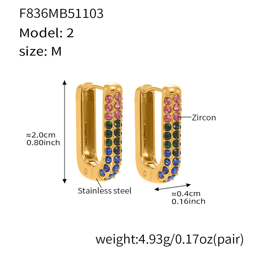Stainless Steel Long U-Shaped Hoop Earrings with 5A Zircon – Elegant Colorful Statement Fashion Jewelry
