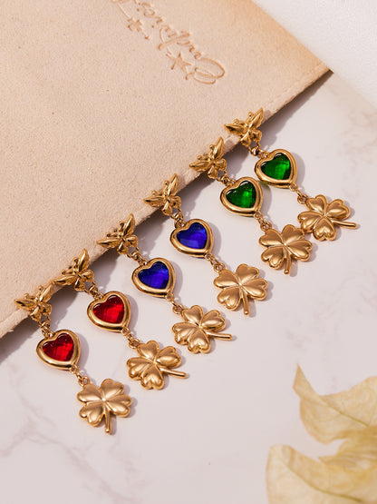 3D Butterfly & Clover Dangle Earrings with Heart Cubic Zirconia | Fashion Drop Earrings Set