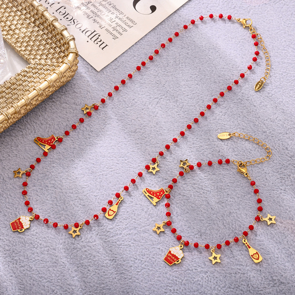 Christmas Ice Skate Star Champagne Pendant Enamel Necklace & Bracelet Set – Gold Plated Stainless Steel Festive Jewelry