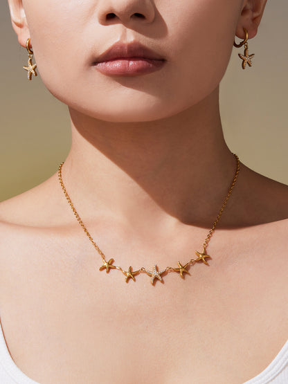 Ocean Star Pendant Necklace, Bracelet, Earrings & Ring Jewelry Set - Gold Stainless Steel
