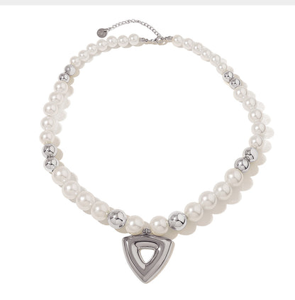 Vintage Pearl Beaded Hollow Triangle Pendant Necklace | 18K Gold & Silver Stainless Steel Elegant Jewelry for Women