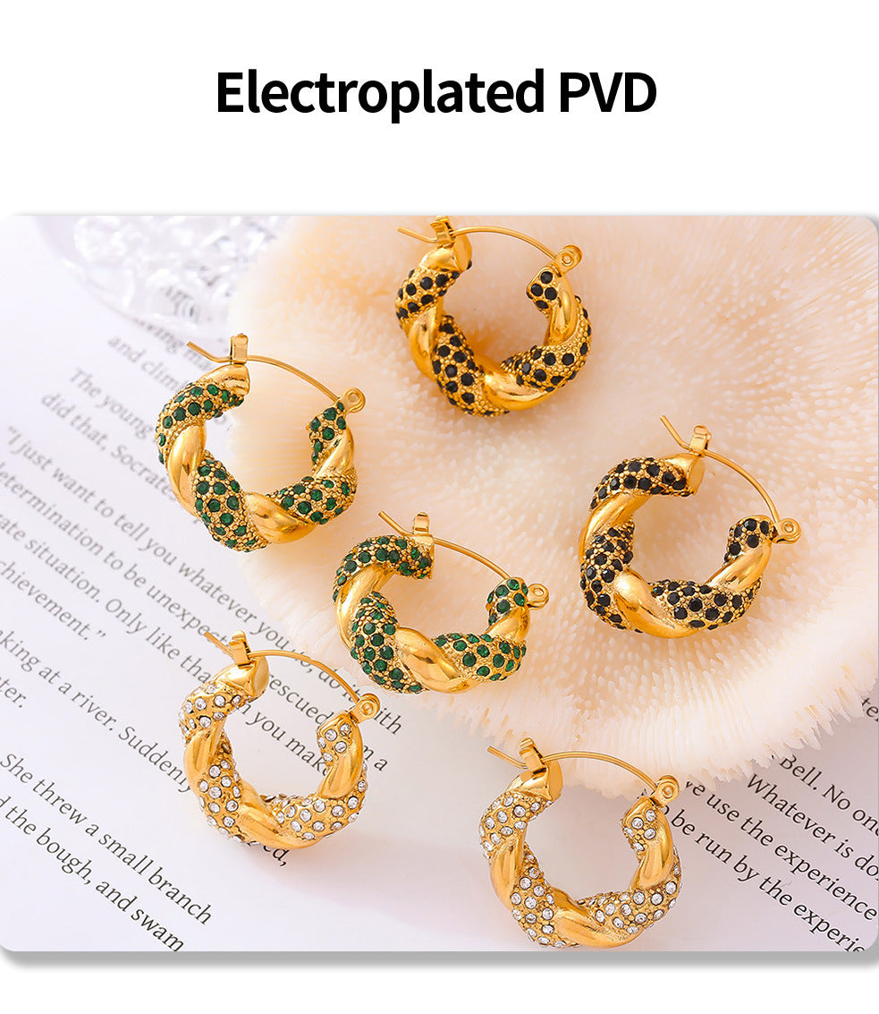 U-Shaped Stainless Steel Twisted Rhinestone Hoop Earrings | Modern Elegant Fashion Jewelry