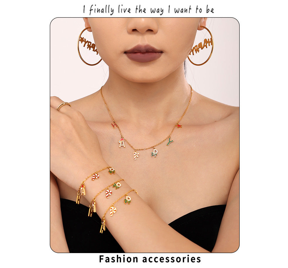 Gold Stainless Steel “HAPPY” Christmas Necklace, Bracelet & Earrings Set | Festive Gift Jewelry for Women