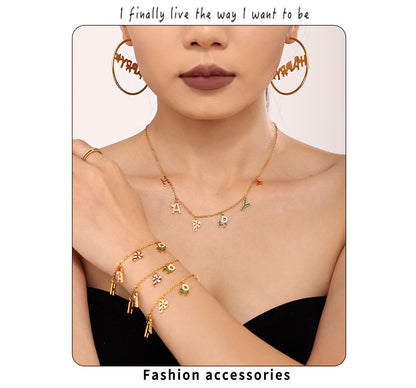 Gold Stainless Steel “HAPPY” Christmas Necklace, Bracelet & Earrings Set | Festive Gift Jewelry for Women