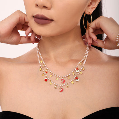 Christmas Santa Hat Star Gloves Pendant Necklace & Bracelet Set – Gold Plated Stainless Steel with Faux Pearl & Enamel