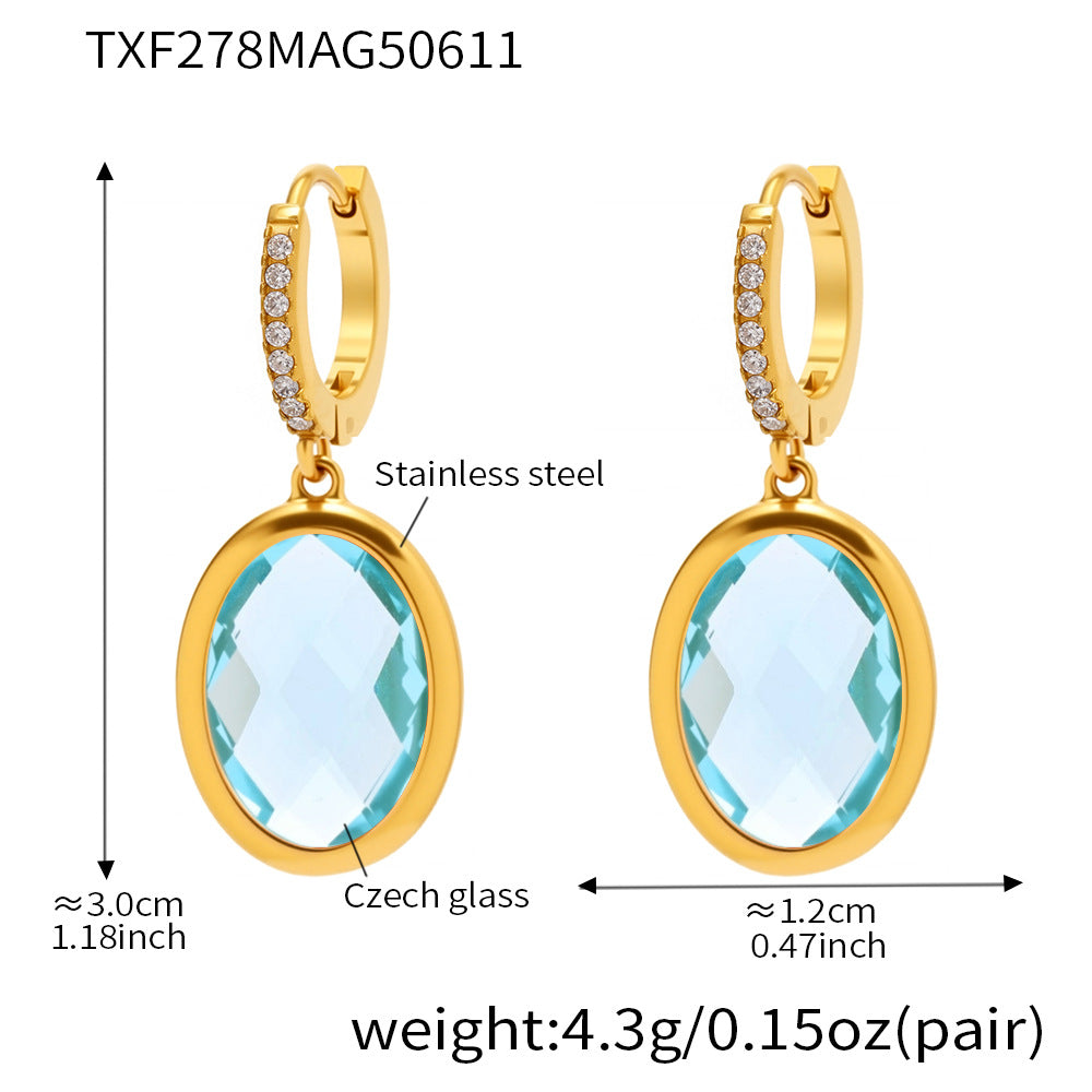 Colorful Oval Glass Stone Stainless Steel Drop Earrings – Elegant Lightweight Statement Jewelry | WANTI Jewelry