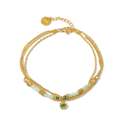 18K Gold Plated Stainless Steel Bohemian Natural Stone Beaded Evil Eye Bracelet | Layered Crystal Charm Bracelet Jewelry