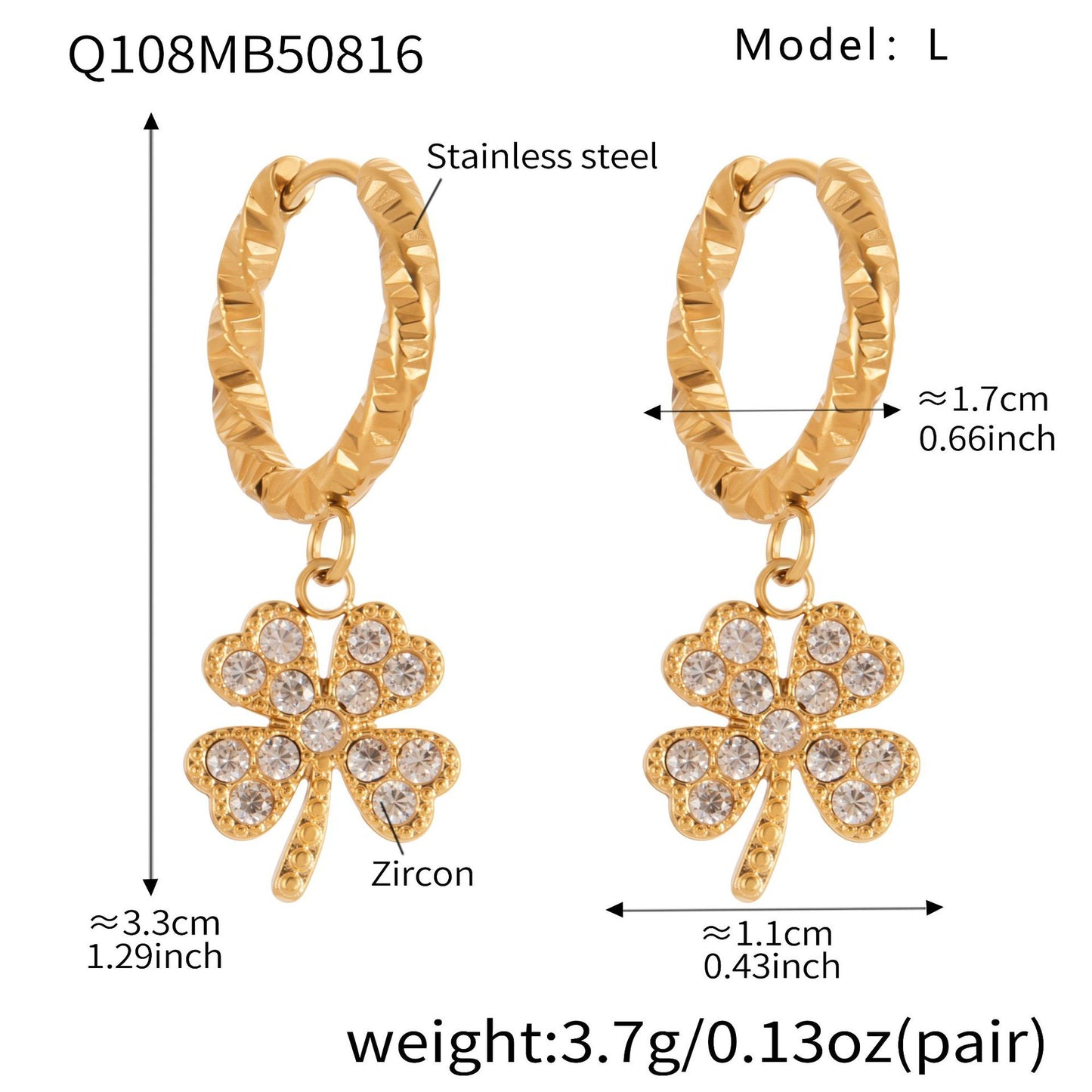 Stainless Steel Zircon Clover Dangle Earrings Set – U-Shaped Hoop Layering Earrings | Lucky Four-Leaf Clover Jewelry Gift for Women