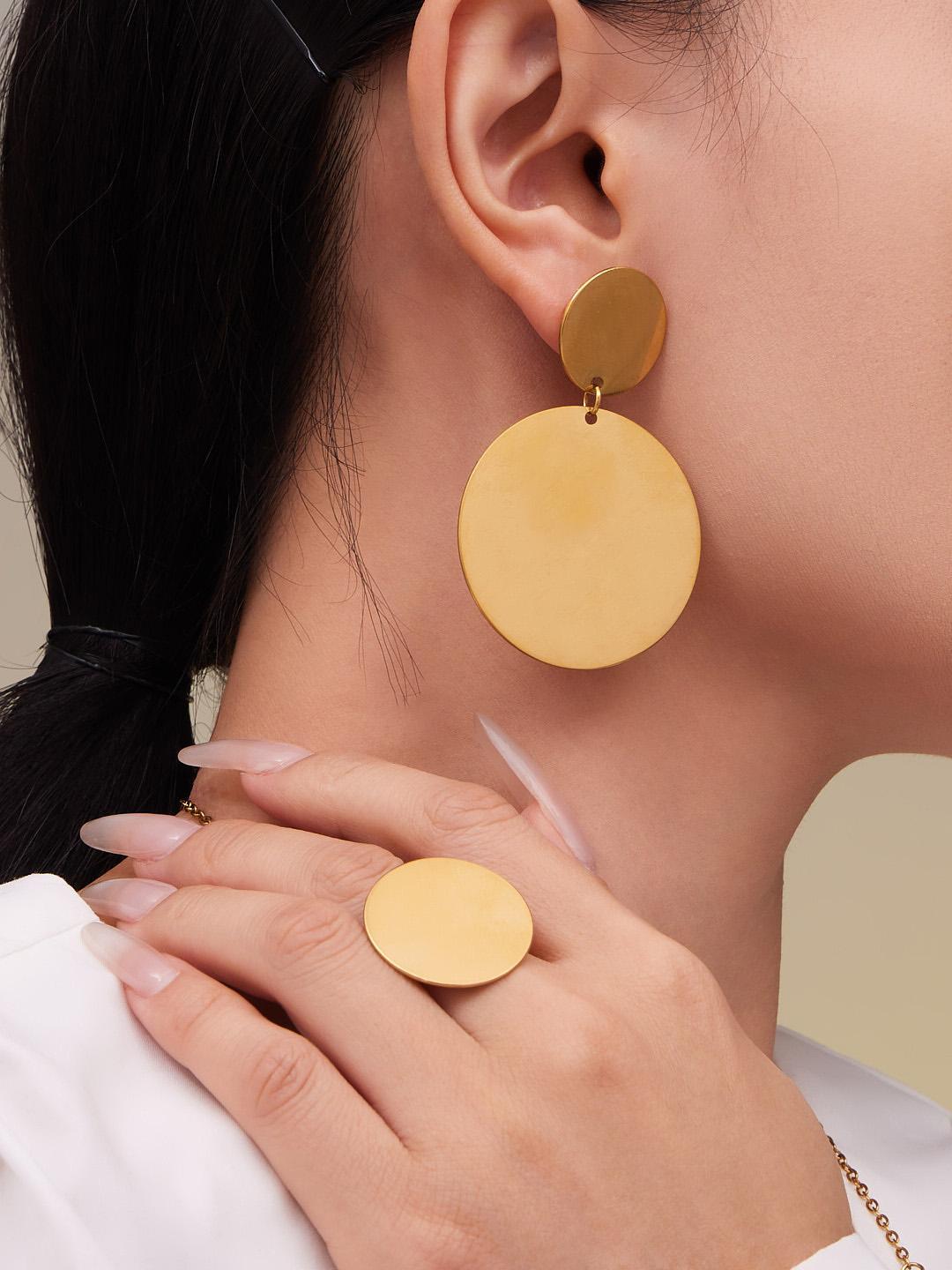 Stainless Steel Long Pendant Sweater Necklace, Drop Earrings & Ring Set – Gold Minimalist Round Disc Jewelry