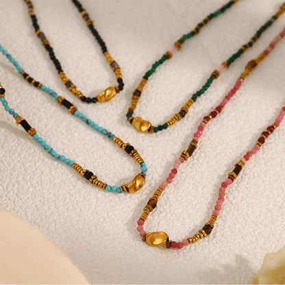 18K Gold Plated Titanium Steel Colored Bead Dopamine Necklace | Stylish Fashion Jewelry