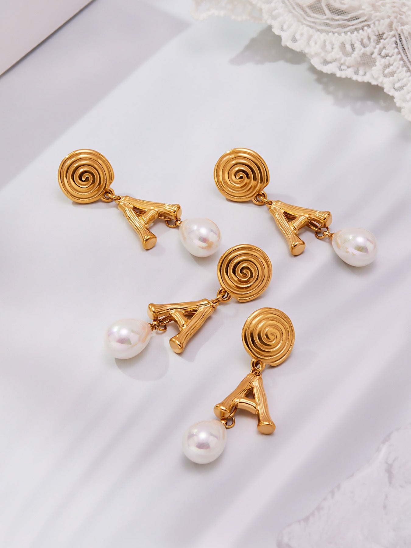 Stainless Steel Letter A Pearl Drop Earrings – Spiral Circle Design | Elegant Statement Earrings for Women