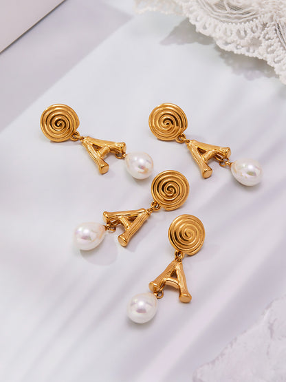 Stainless Steel Letter A Pearl Drop Earrings – Spiral Circle Design | Elegant Statement Earrings for Women
