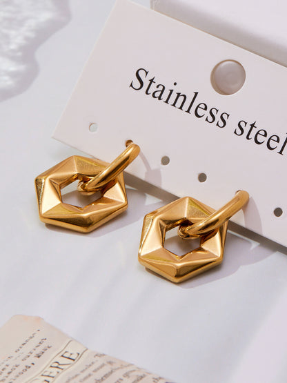 Stainless Steel Hexagon Hoop Earrings – Geometric Vintage Minimalist Earrings for Women, High-End Fashion Jewelry