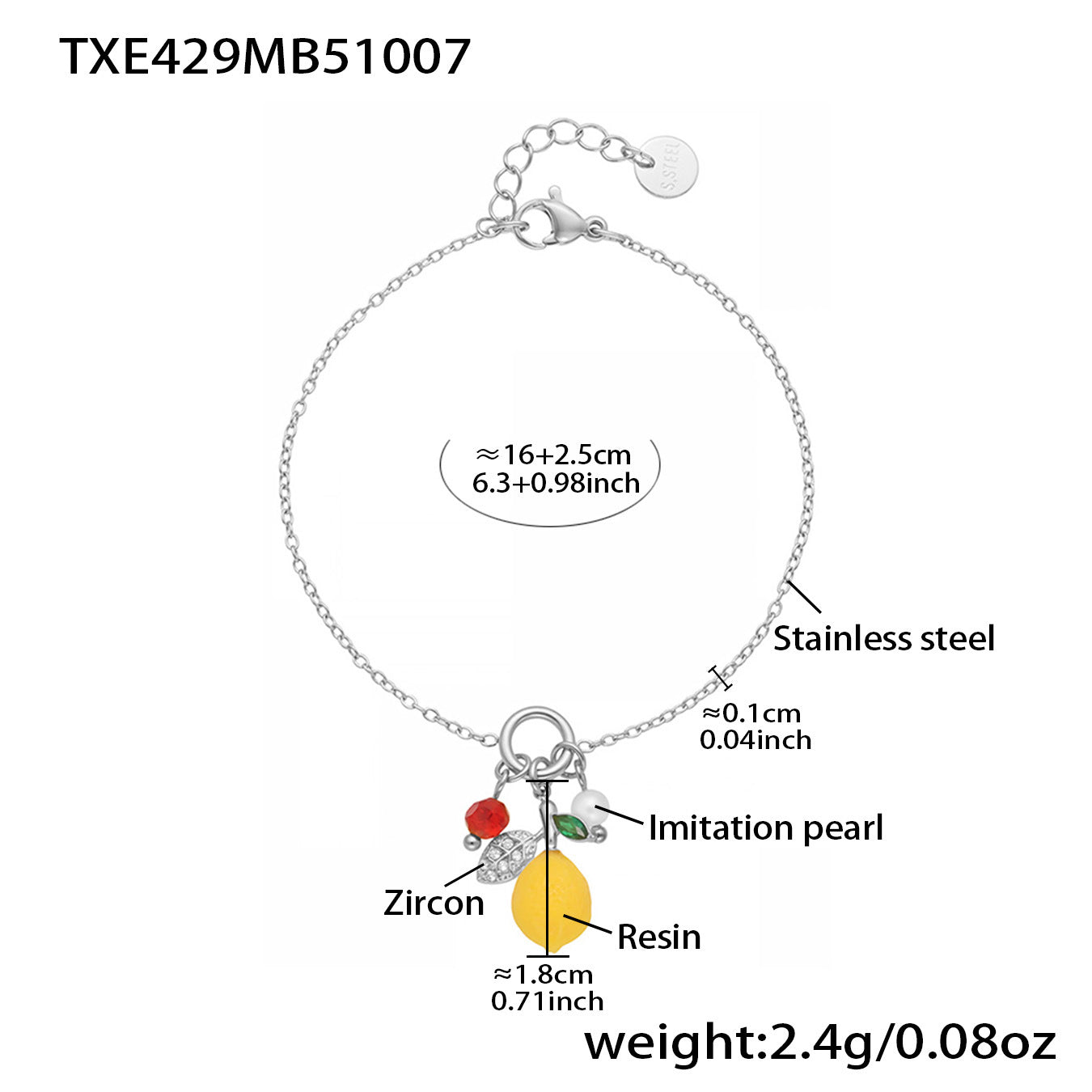 Stainless Steel Resin Lemon Zircon Pendant Necklace, Earrings, Bracelet & Ring Jewelry Set