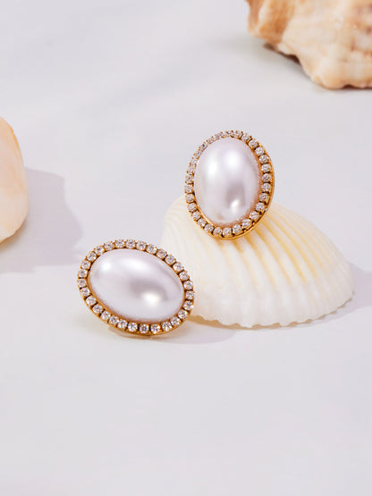 Stainless Steel Oval Pearl Zircon Earrings – Elegant Minimalist Drop Earrings for Women | High-End Fashion Jewelry