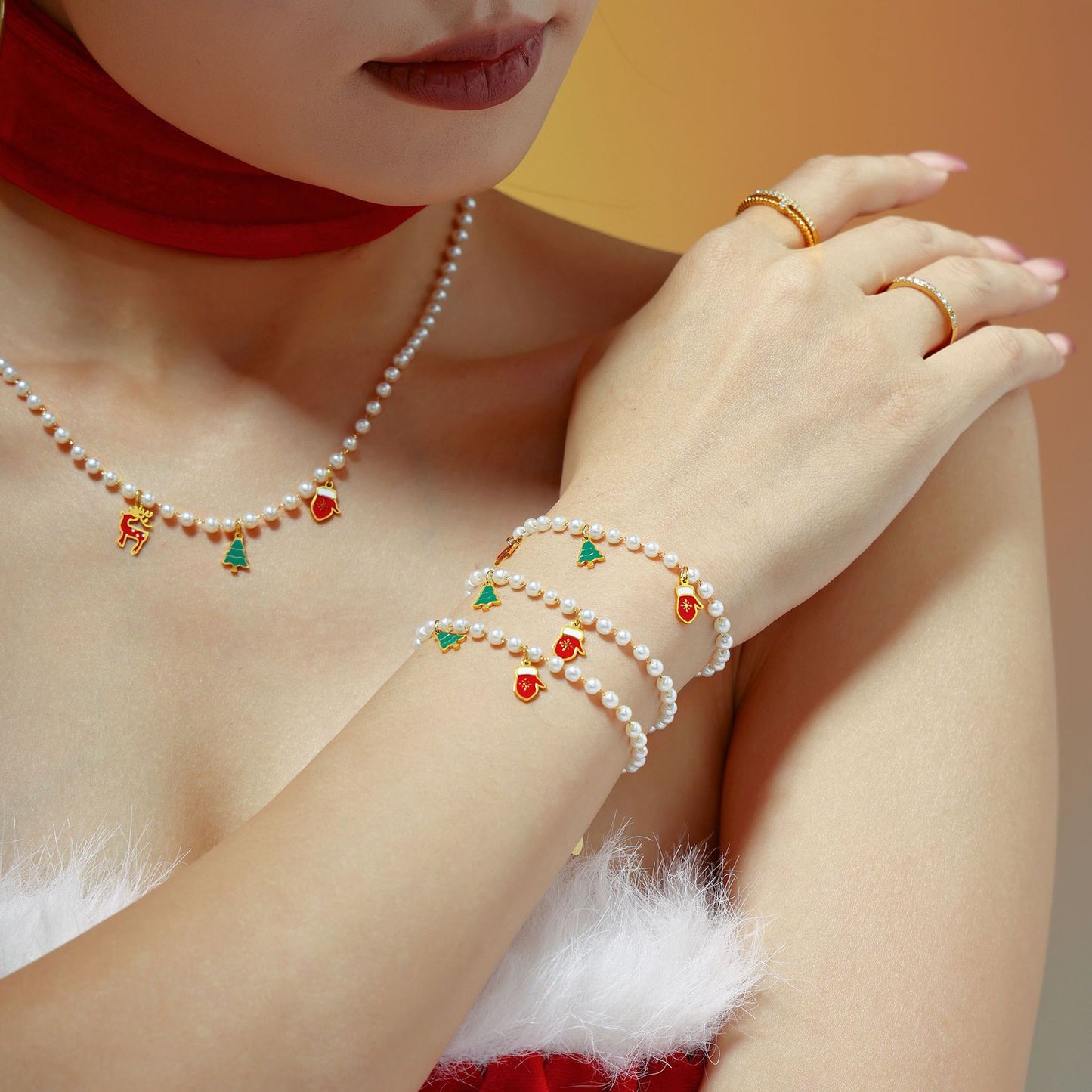 Christmas Tree Reindeer Glove Pendant Imitation Pearl Enamel Necklace & Bracelet Set – Stainless Steel Gold Plated Holiday Jewelry