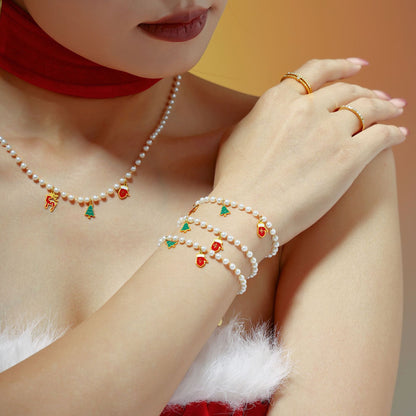 Christmas Tree Reindeer Glove Pendant Imitation Pearl Enamel Necklace & Bracelet Set – Stainless Steel Gold Plated Holiday Jewelry