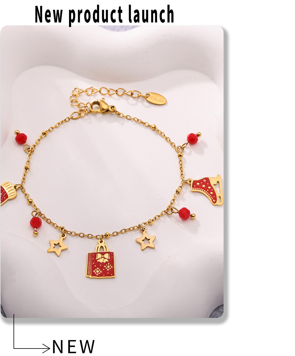 Gold Stainless Steel Garnet Christmas Necklace & Bracelet | Festive Gift Jewelry Set for Women