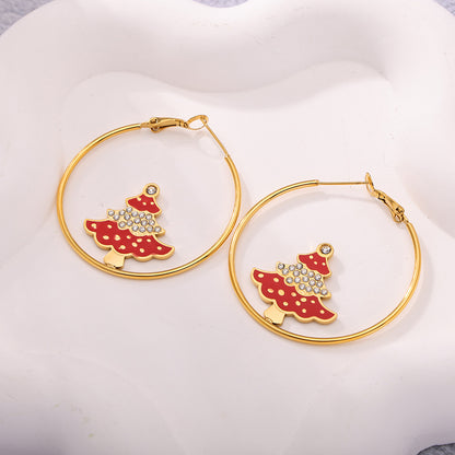 Gold Stainless Steel Christmas Tree Earrings | Zircon & Enamel Drop Hoop Holiday Jewelry – WANTI Jewelry