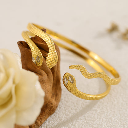 18K Gold-Plated Stainless Steel Zircon Snake Cuff Bracelet | Elegant Serpentine Bangle