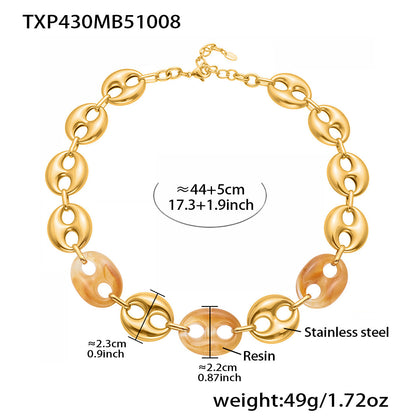 Colorful Resin Pig Nose Pendant Jewelry Set – Stainless Steel Necklace, Bracelet & Earrings | Trendy Chunky Chain Fashion Accessories