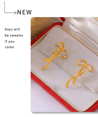 Stainless Steel Ribbon Bow Stud Earrings – Minimalist Chic Fashion Jewelry | WANTI