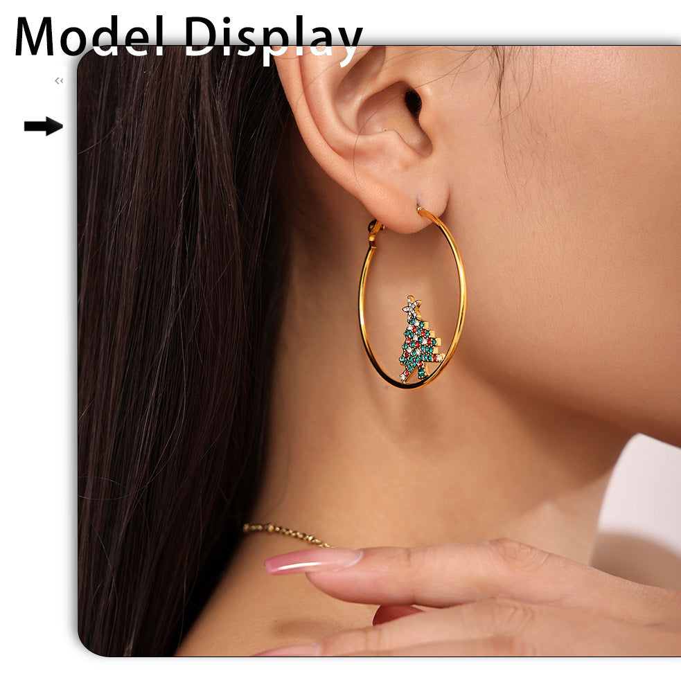 Gold Stainless Steel Christmas Tree Zircon Hoop Earrings | Festive Statement Jewelry for Holiday Style – WANTI Jewelry