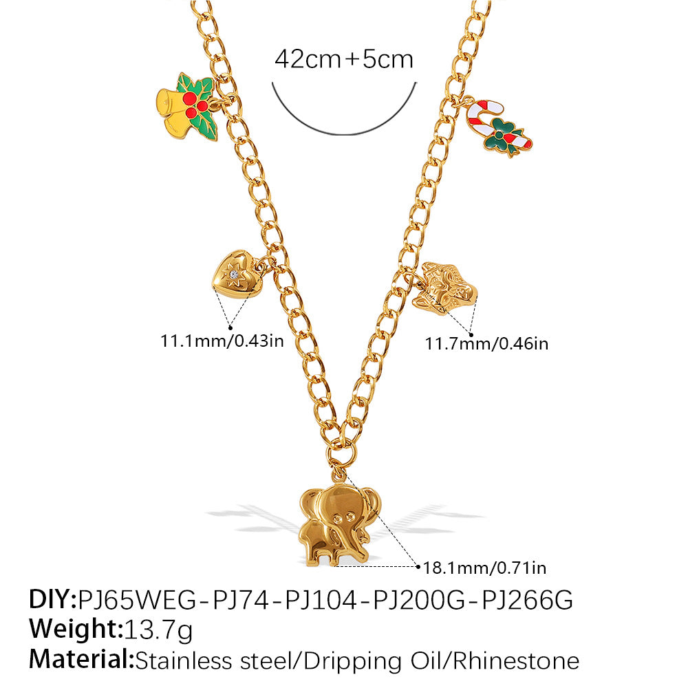 Halloween Christmas Gold Plated Stainless Steel Necklace - Heart Tree Tassel Pendant - Drip Oil Design - Minimalist Fashion Jewelry for Women