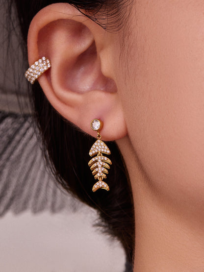 Stainless Steel Fishbone Drop Earrings & Ear Cuff Set – Modern Minimalist Statement Jewelry | WANTI