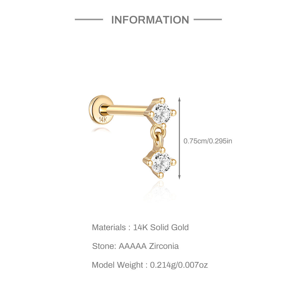 14K Gold Double Zircon Stud Earrings – Stackable & Dainty Sparkle