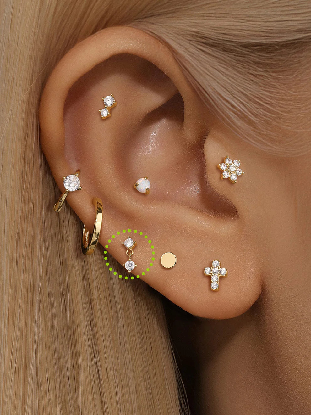 14K Gold Double Zircon Stud Earrings – Stackable & Dainty Sparkle