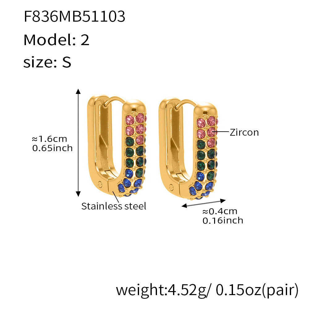 Stainless Steel Long U-Shaped Hoop Earrings with 5A Zircon – Elegant Colorful Statement Fashion Jewelry