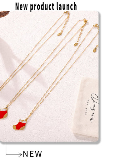 Gold Stainless Steel Christmas Red Sock Pendant Necklace | Festive Holiday Zircon Jewelry Gift