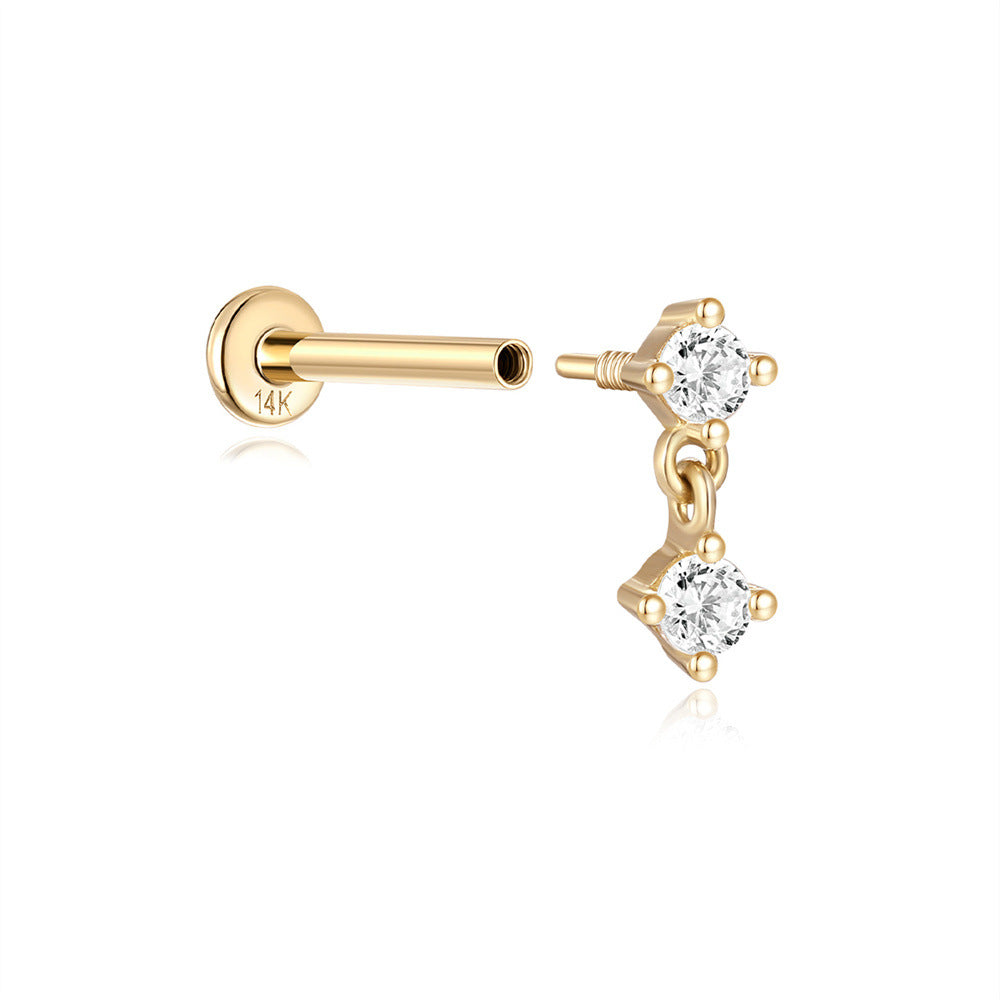 14K Gold Double Zircon Stud Earrings – Stackable & Dainty Sparkle