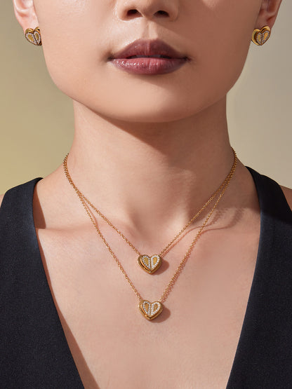 Double Heart Zircon Pendant Necklace, Earrings & Ring Jewelry Set - Gold & Steel Stainless Steel