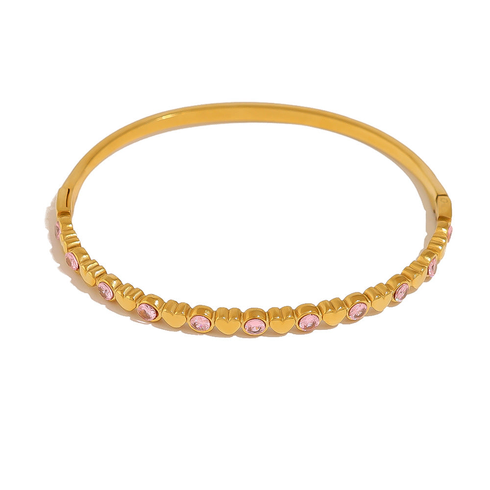 18K Gold Plated Stainless Steel Crystal Heart & Star Bangle Bracelet | Elegant Narrow Edge Cuff Jewelry for Women