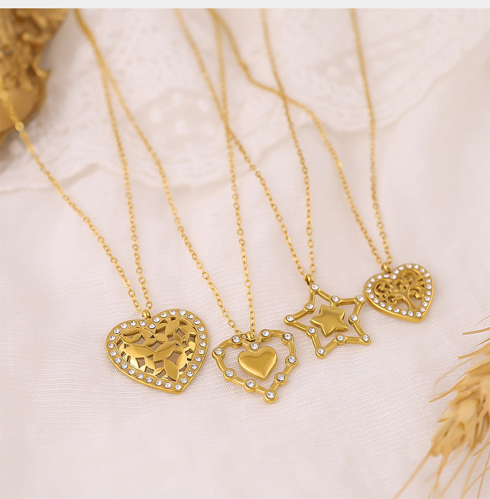 18K Gold Plated Stainless Steel Crystal Pendant Necklace | Heart, Star, Tree of Life & Leaf Designs | Elegant Gift Jewelry for Women