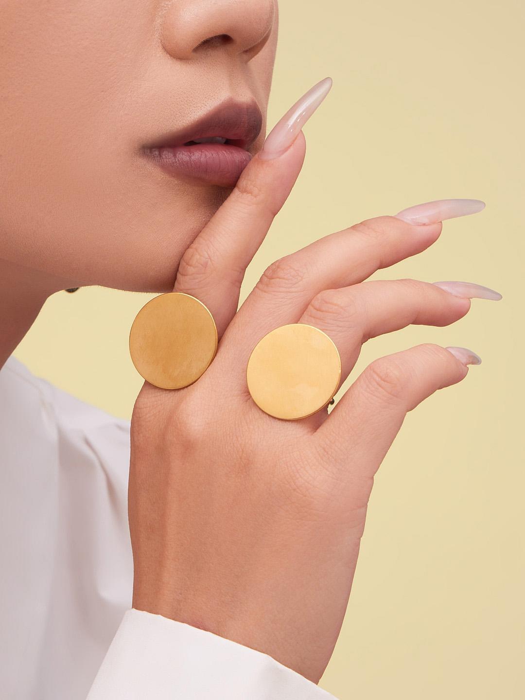 Stainless Steel Long Pendant Sweater Necklace, Drop Earrings & Ring Set – Gold Minimalist Round Disc Jewelry