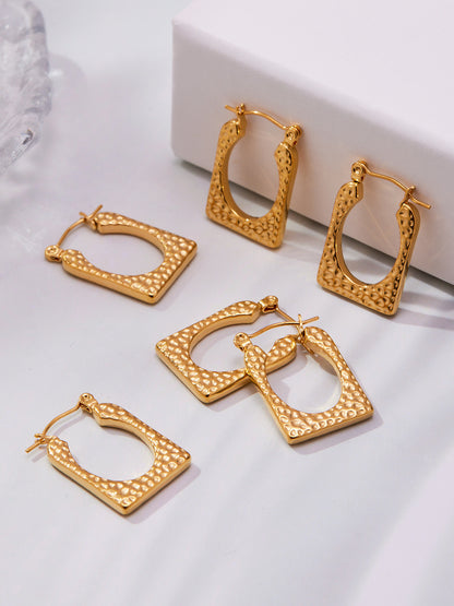 Stainless Steel Geometric Hammered Earrings | Irregular Textured Hoop Earrings | High-End Fashion Jewelry for Women