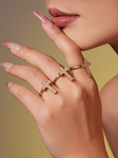 Gold Stainless Steel Cross Zirconia Necklace, Bracelet, Earrings & Ring | Minimalist Cross Jewelry Set