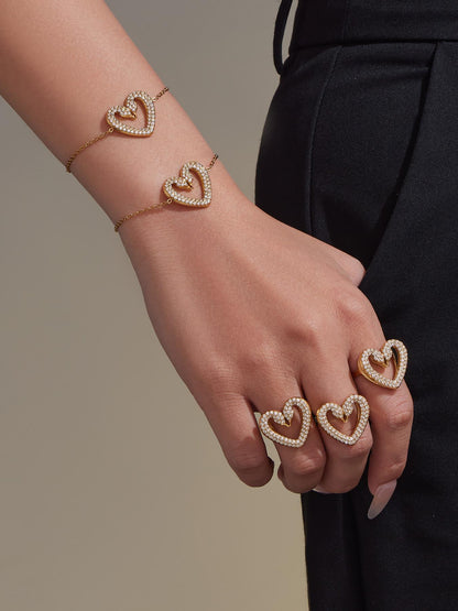 Stainless Steel Zircon Double Swan Heart Necklace, Bracelet, Ring & Earrings Jewelry Set