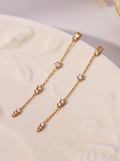 Stainless Steel Tassel Zircon Earrings – Elegant Geometric Dangle Chain Earrings | WANTI Jewelry