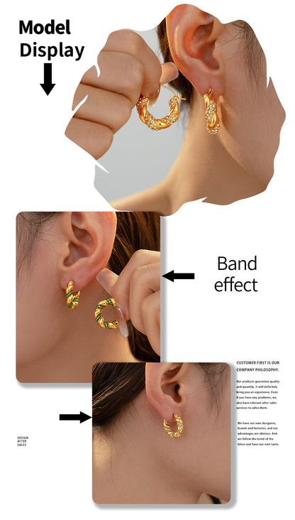 U-Shaped Stainless Steel Twisted Rhinestone Hoop Earrings | Modern Elegant Fashion Jewelry