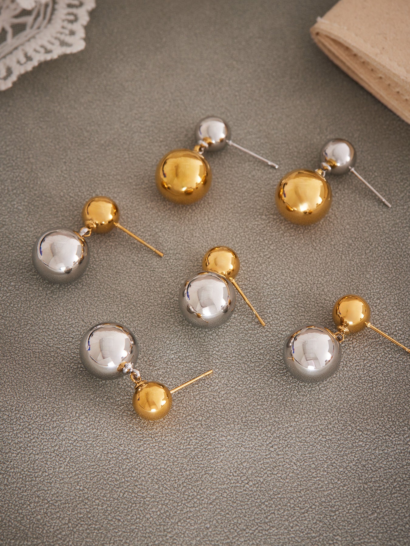 Stainless Steel Two-Tone Ball Drop Earrings – Minimalist Modern Dangle Studs | Fashion Jewelry