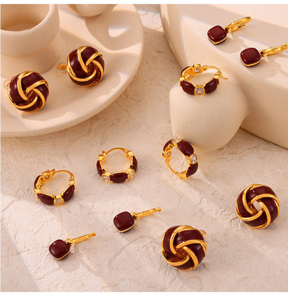 Vintage Weight Enamel Zircon Stud Earrings Set - Gold Stainless Steel Retro Jewelry